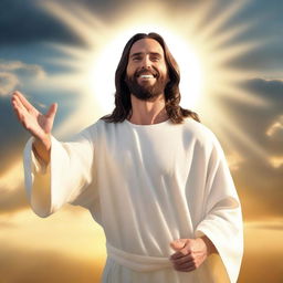 Jesus Christ with a radiant halo, dressed in a white robe, standing peacefully, with arms open wide and a gentle smile, against a backdrop of a warmly lit sky