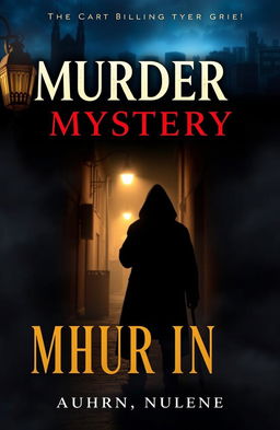 A captivating book cover for a murder mystery novel, featuring a shadowy figure holding a mysterious object in a dimly lit alley