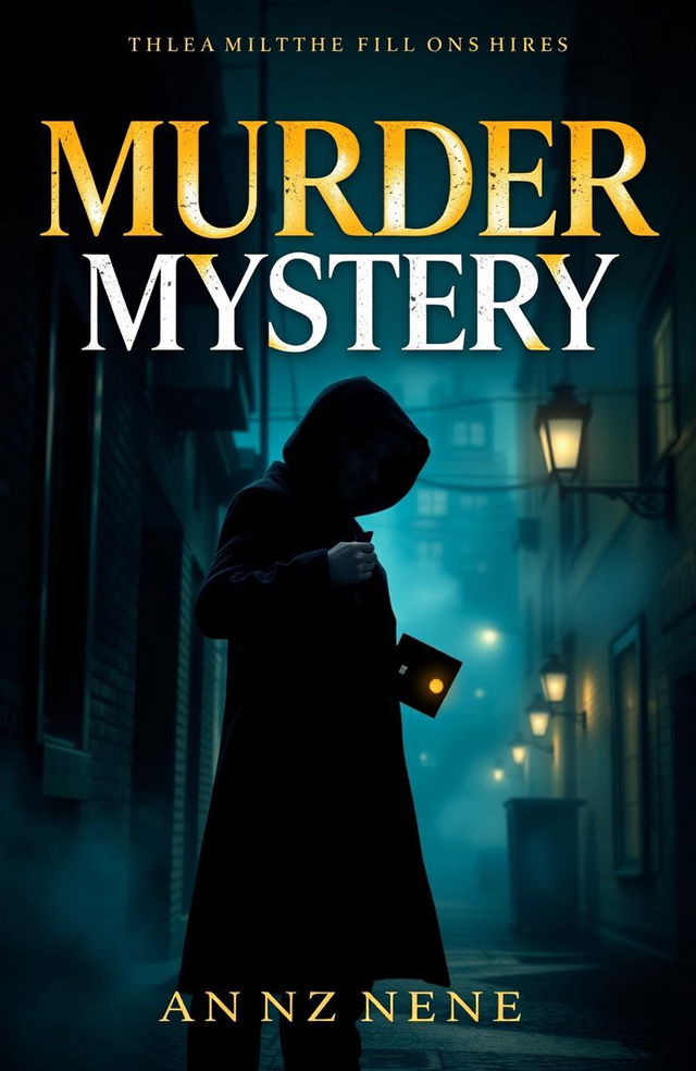 A captivating book cover for a murder mystery novel, featuring a shadowy figure holding a mysterious object in a dimly lit alley