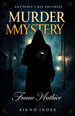 A captivating book cover for a murder mystery novel, featuring a shadowy figure holding a mysterious object in a dimly lit alley