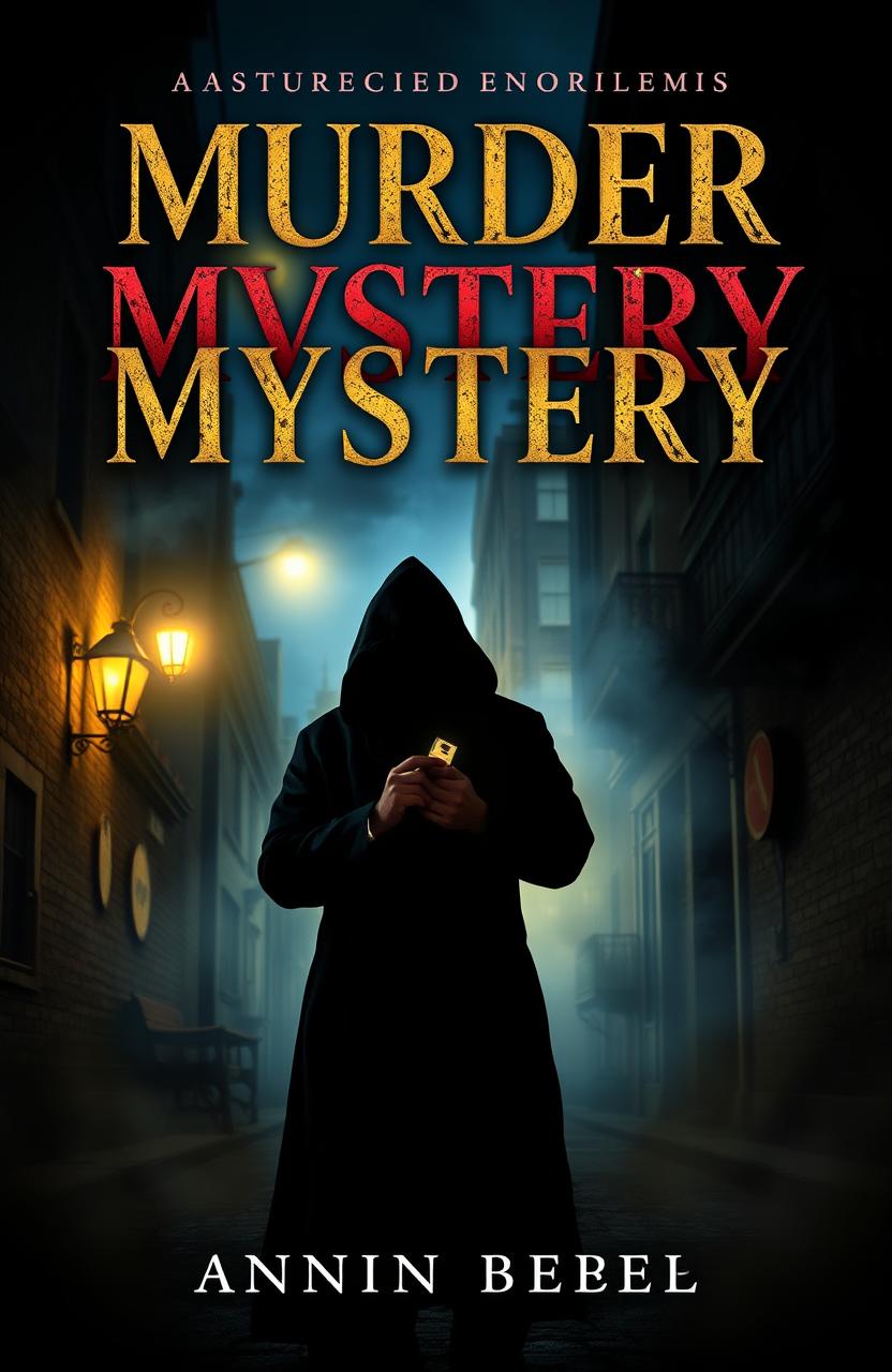 A captivating book cover for a murder mystery novel, featuring a shadowy figure holding a mysterious object in a dimly lit alley