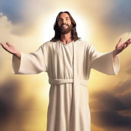 Jesus Christ with a radiant halo, dressed in a white robe, standing peacefully, with arms open wide and a gentle smile, against a backdrop of a warmly lit sky