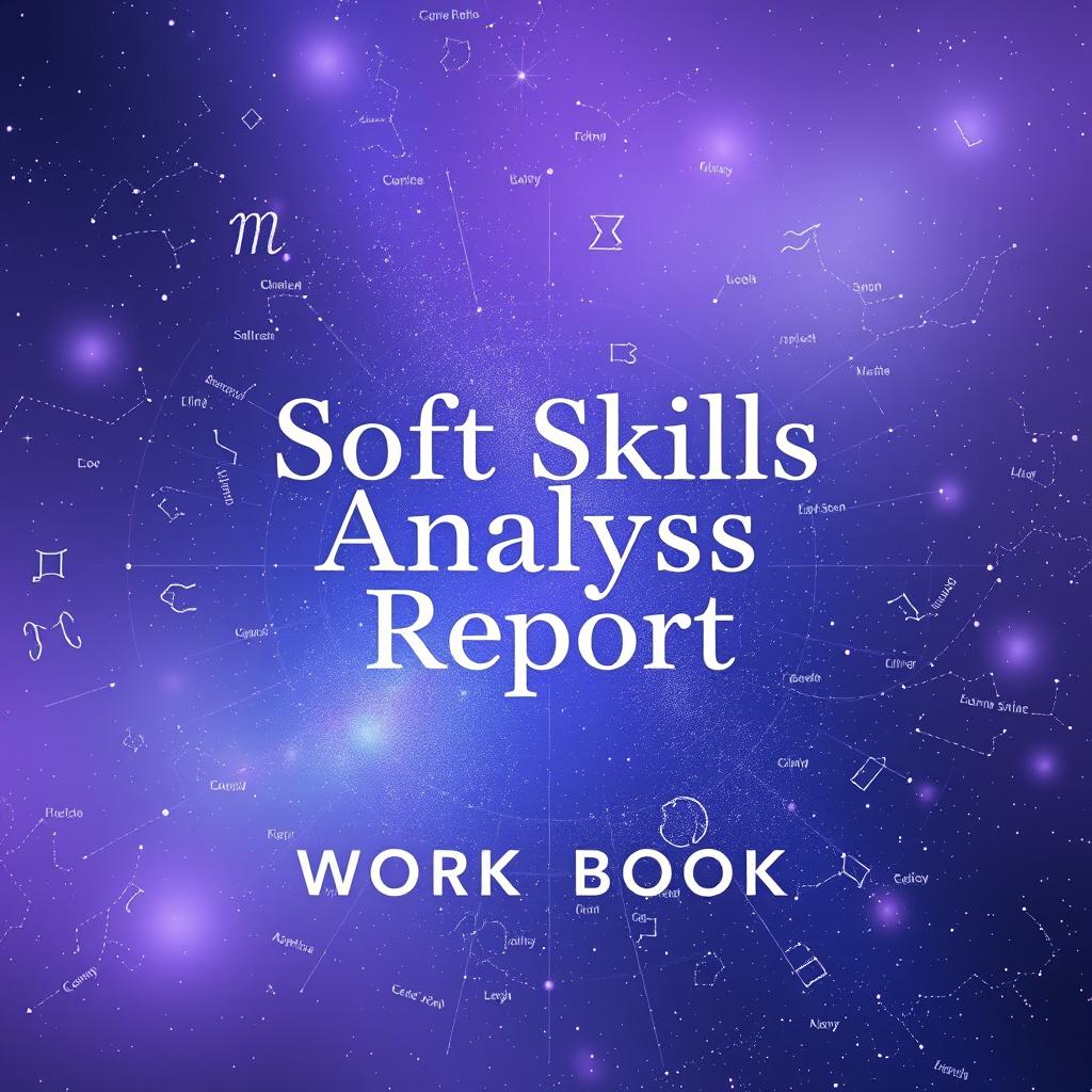 A creative and visually appealing workbook cover for a soft skills analysis report, incorporating themes of human design and astrology