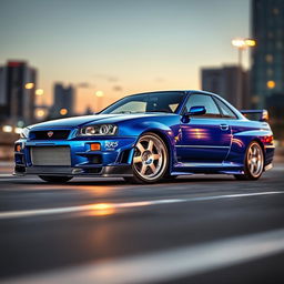 A stunning and detailed portrayal of a Nissan Skyline R34, model year 2004, showcasing its iconic body lines and aggressive stance