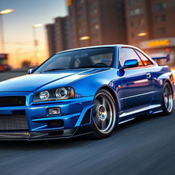 A stunning and detailed portrayal of a Nissan Skyline R34, model year 2004, showcasing its iconic body lines and aggressive stance