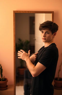 A young man standing in front of a full-length mirror, gazing thoughtfully at his reflection