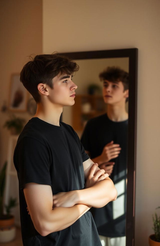 A young man standing in front of a full-length mirror, gazing thoughtfully at his reflection