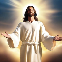 Jesus Christ with a radiant halo, dressed in a white robe, standing peacefully, with arms open wide and a gentle smile, against a backdrop of a warmly lit sky