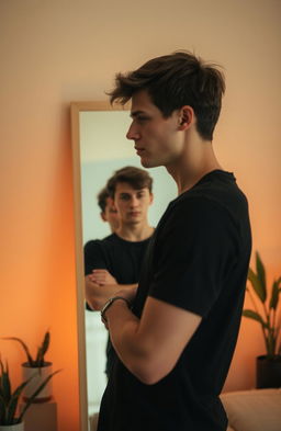 A young man standing in front of a full-length mirror, gazing thoughtfully at his reflection