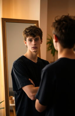 A young man standing in front of a full-length mirror, gazing thoughtfully at his reflection