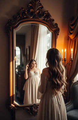 A beautiful woman standing in front of an ornate, vintage mirror, gazing at her reflection with a thoughtful expression