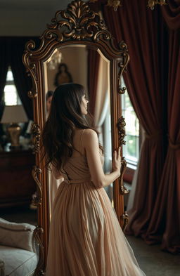 A beautiful woman standing in front of an ornate, vintage mirror, gazing at her reflection with a thoughtful expression