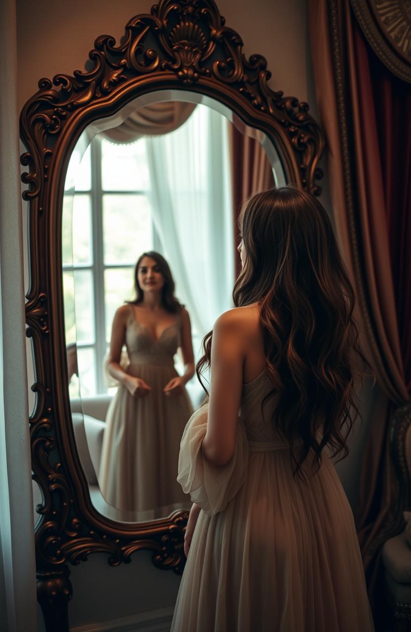 A beautiful woman standing in front of an ornate, vintage mirror, gazing at her reflection with a thoughtful expression