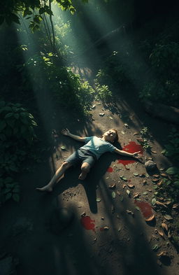 A somber and haunting scene depicting a lifeless boy lying on the forest floor, surrounded by lush greenery and shadows of trees