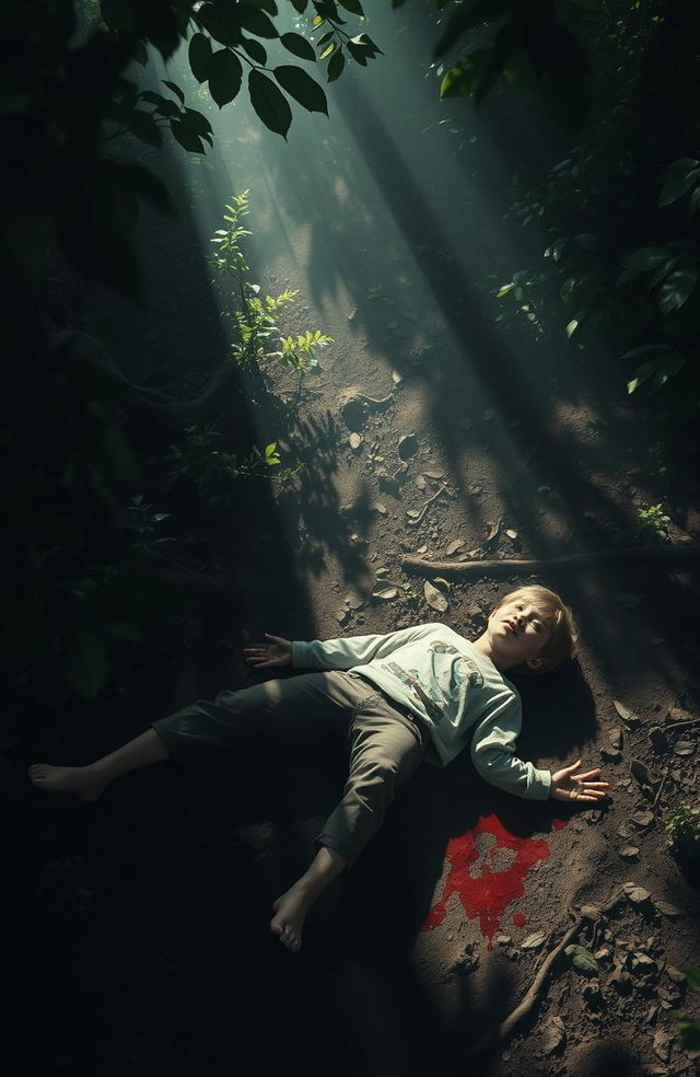 A somber and haunting scene depicting a lifeless boy lying on the forest floor, surrounded by lush greenery and shadows of trees