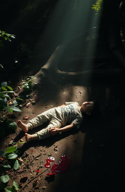 A somber and haunting scene depicting a lifeless boy lying on the forest floor, surrounded by lush greenery and shadows of trees