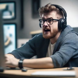 Design a hyper-realistic image of an individual playing a video game on a lagging computer