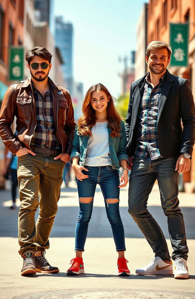 A captivating scene featuring one girl standing confidently in the middle, flanked by two guys