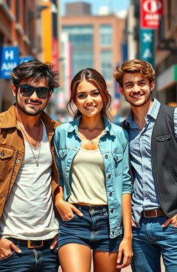 A captivating scene featuring one girl standing confidently in the middle, flanked by two guys