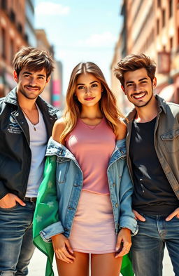A captivating scene featuring one girl standing confidently in the middle, flanked by two guys