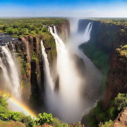 The magnificent Victoria Falls in full power, with dazzling rainbow forming in the mist, surrounded by lush greenery and towering cliffs