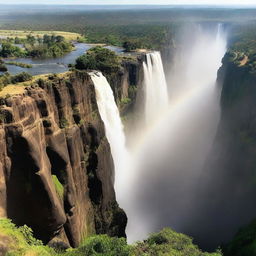 The magnificent Victoria Falls in full power, with dazzling rainbow forming in the mist, surrounded by lush greenery and towering cliffs