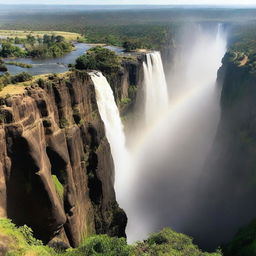 The magnificent Victoria Falls in full power, with dazzling rainbow forming in the mist, surrounded by lush greenery and towering cliffs