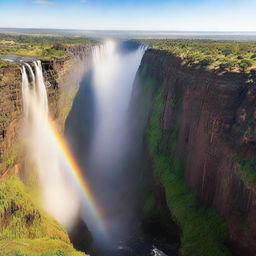 The magnificent Victoria Falls in full power, with dazzling rainbow forming in the mist, surrounded by lush greenery and towering cliffs