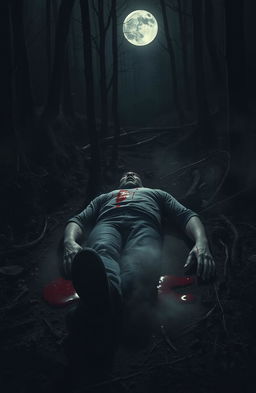 A large man lying on the dark forest floor, surrounded by trees and underbrush