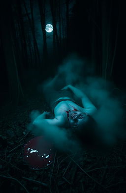 A large man lying on the dark forest floor, surrounded by trees and underbrush