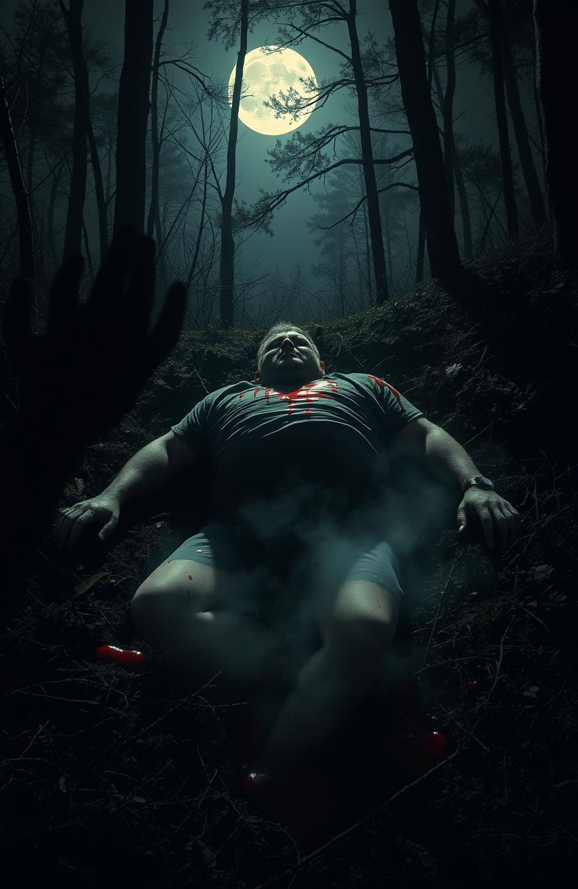 A large man lying on the dark forest floor, surrounded by trees and underbrush