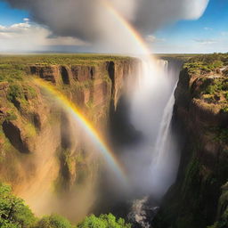 The magnificent Victoria Falls in full power, with dazzling rainbow forming in the mist, surrounded by lush greenery and towering cliffs