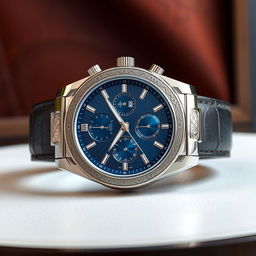 A stunning 3D luxury watch design featuring a sleek stainless steel case with intricate engravings, a polished sapphire crystal face, and an elegant leather strap