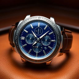 A stunning 3D luxury watch design featuring a sleek stainless steel case with intricate engravings, a polished sapphire crystal face, and an elegant leather strap