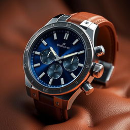 A stunning 3D luxury watch design featuring a sleek stainless steel case with intricate engravings, a polished sapphire crystal face, and an elegant leather strap