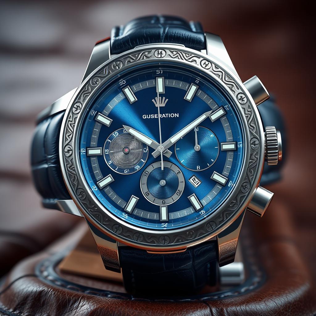 A stunning 3D luxury watch design featuring a sleek stainless steel case with intricate engravings, a polished sapphire crystal face, and an elegant leather strap