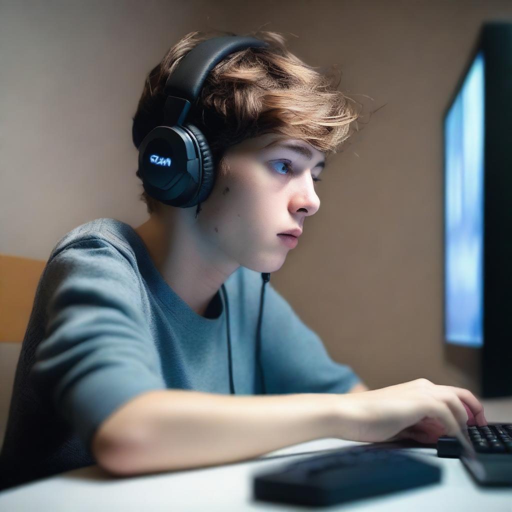 Create a hyper-realistic image of a 20-year-old boy playing a video game on a lagging computer