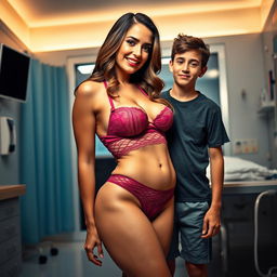 A sexy nurse wearing alluring lingerie, confidently showcasing her curvy figure, complete with a playful smile