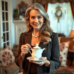 A mature woman with an elegant appearance, dressed in a stylish outfit, gracefully serving tea in a beautifully decorated living room