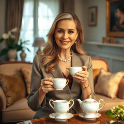 A mature woman with an elegant appearance, dressed in a stylish outfit, gracefully serving tea in a beautifully decorated living room