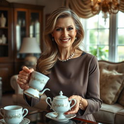 A mature woman with an elegant appearance, dressed in a stylish outfit, gracefully serving tea in a beautifully decorated living room