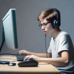 Create a hyper-realistic image of a 20-year-old boy playing a video game on a lagging computer