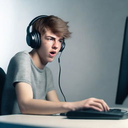 Create a hyper-realistic image of a 20-year-old boy playing a video game on a lagging computer