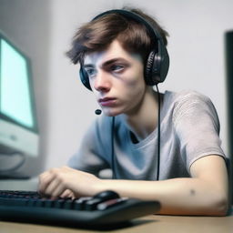 Create a hyper-realistic image of a 20-year-old boy playing a video game on a lagging computer