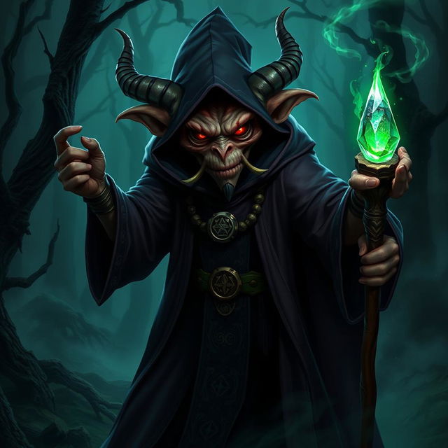 A fierce Hobgoblin Warlock in a dark, mystical forest, wearing an ornate robe adorned with arcane symbols