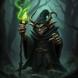 A fierce Hobgoblin Warlock in a dark, mystical forest, wearing an ornate robe adorned with arcane symbols