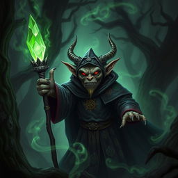 A fierce Hobgoblin Warlock in a dark, mystical forest, wearing an ornate robe adorned with arcane symbols