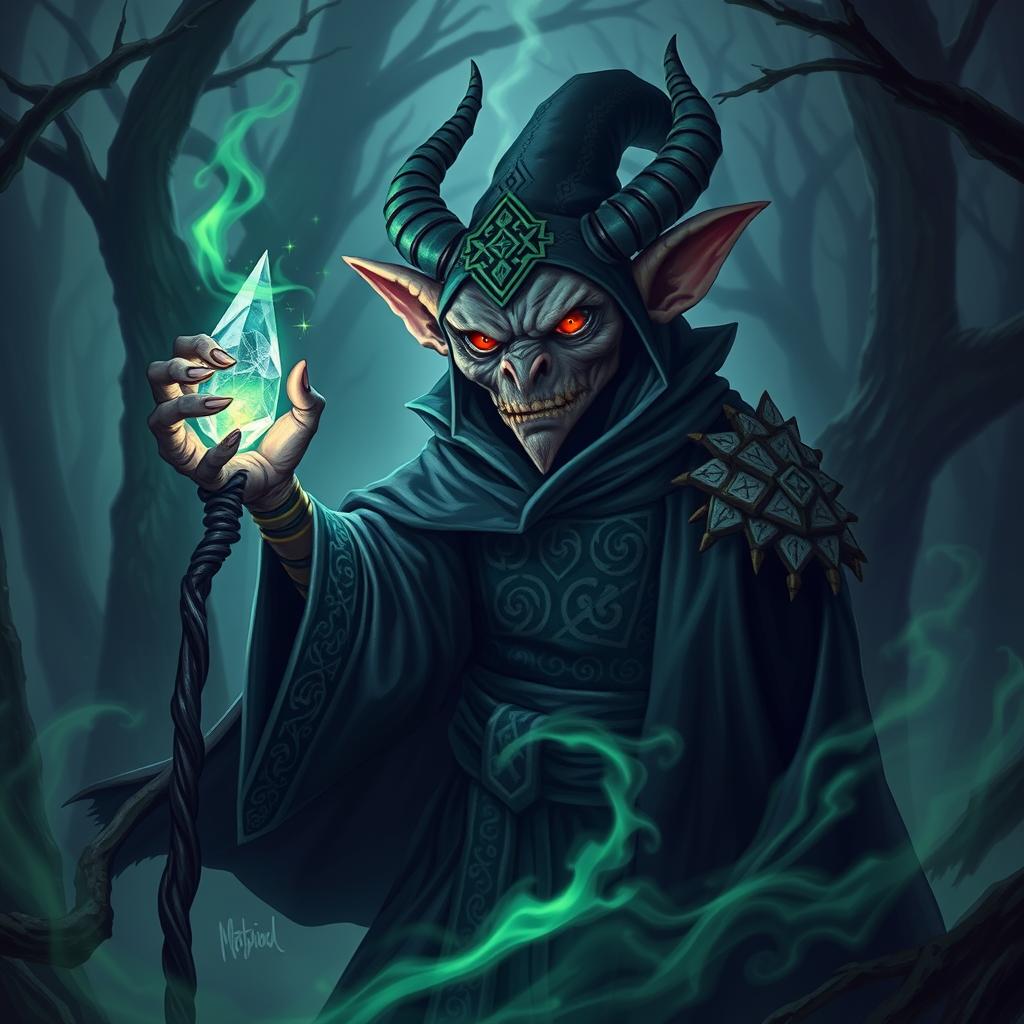 A fierce Hobgoblin Warlock in a dark, mystical forest, wearing an ornate robe adorned with arcane symbols