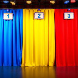 A vibrant scene featuring three gameshow-style curtains arranged side by side from left to right