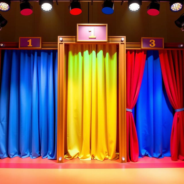 A vibrant scene featuring three gameshow-style curtains arranged side by side from left to right